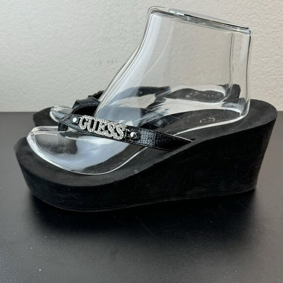 Guess Platform Wedge Sandals With Rhinestones & Black Faux Leather Straps 8.5 - Picture 3 of 7
